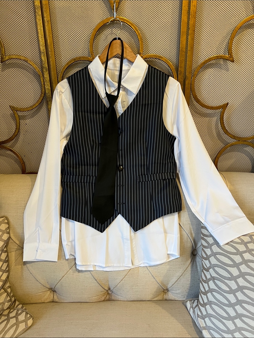 Menswear-Inspired Black Pinstripe Vest with White Shirt and Black Tie